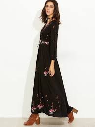 Floral embroidered surplice front dress. Black Flower Embroidered Long Sleeve Maxi Dress Shein Usa