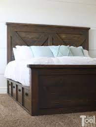How to build bed platform with drawers. King X Barn Door Farmhouse Bed Plans Her Tool Belt