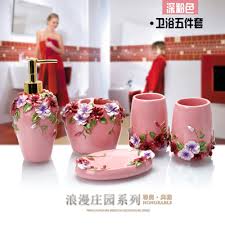 Hot pink and red lipstick tubes pattern soap dispenser and toothbrush holder. Bathroom Accessories China Flowers Bath Set Pink Multi Piece Sets Plastic New Bath Accessory Sets Home Garden