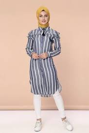 Omuzlari Firfirli Cizgili Tunik Mc1022 Lacivert Moda Stilleri Tunik Omuz