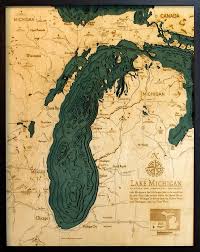 Lake Michigan Wood Carved Topographic Depth Chart Map