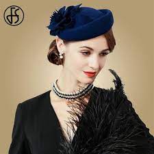 Wool Hat Fascinators Women Wedding Fedoras Navy Blue Fascinator Pillbox Hat Blue Fascinator