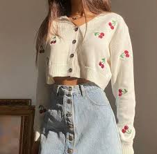 Style:casual type:teddy material:polyester neckline:round neck sleeve style:long sleeve length:regular pattern type:floral decoration:fluffy,embroidery fit type:regular occasion:ottd package include:1*sweater. Ulzzang Harajuku Korean Tumblr Aesthetic Y2k Streetwear Fashion Cherry Print Embroidery Crop Button Up Sweater Cardigan Women S Fashion Tops Other Tops On Carousell