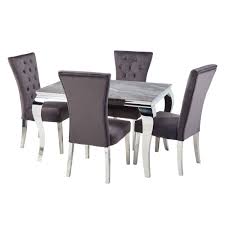 For storage, get a counter height dining room set with a rectangular centerpiece that has shelving, cubbies, or a wine rack. Fabio 120cm Glass Grey Marble Effect Dining Table 4 Charcoal Velvet Chairs