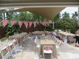 Tables And Chairs Setup For Backyard Bbq Utilizing Burlap Red Gigham Print Napkins And Banners Bbq Party Graduation Party Decor Backyard Engagement Parties