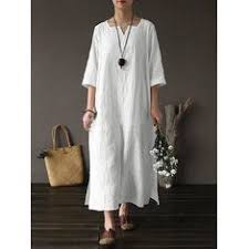 Vintage Women Solid Cotton Loose V Neck 3 4 Sleeve Dress Banggood Mobile Solid Maxi Dress Maxi Dress Spring Dresses Casual