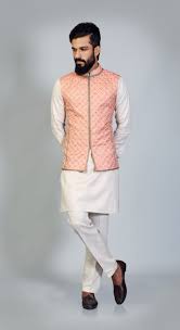 Orange Jharokha Resham Embroidery Sadri Ivory Khadi Kurta Aligarhi Payjama Simple Elegant Ma Indian Men Fashion Indian Groom Wear Wedding Dress Men