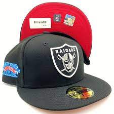 Las Vegas Raiders New Era All Black Red Under Visor Super Bowl Xviii Patch On Side 59fifty Fitted In 2021 Nfl Hats Black And Red Hat Stores