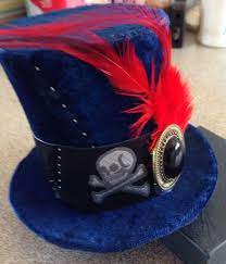 Royal Blue Velvet And Skulls With Red Feather Steamed Up Tiny Top Hat By Rachel Horsfall Hats Red Feather Top Hat