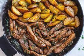 Strip steaks (also called new york steaks) are juicy, flavorful, and moderately tender. Garlic Butter Steak And Potatoes Skillet Best Steak Recipe Eatwell101