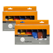 Daler Rowney Simply Acrylic Paint Set 6 Colour Tube Set Artcentric Colors are titanium white, cadmium yellow hue, cadmium red hue, ultramarine, emerald, and burnt.