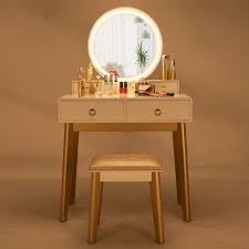 Rossetto's modern styled vanities and dressing tables channel a contemporary, european design with crisp. Bedroom Vanity Set With Round Lighted Mirror Wood Makeup Vanity Dressing Table With 4 Drawers