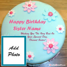 Write name on birthday cake with lotus flower for sister,customized birthday wishes and greetings cake for sister, sister name happy birthday cake free download, birthday cake with elegant lotus flower on it for greetings and messages, yummy cake with name on it for sister birthday. Best Sister Name And Photo Frame Birthday Cake Flowers Images