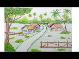 Ada gambar air terjun, pepohonan, pegunungan, pedesaan, dan hal lainnya. Cara Menggambar Pemandangan Alam Pedesaan Youtube