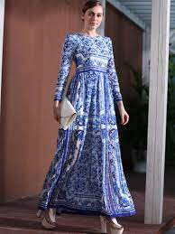 White And Blue Porcelain Round Neck Long Sleeve Dress Maxi Dress Maxi Dresses Casual Maxi Dress With Sleeves