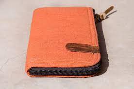 手工棉麻皮夾 編織拼接皮革長夾 長皮夾 零錢包 編織皮夾 橘子色 設計師omhandmade pinkoi zip around wallet wallet zip