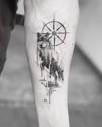 Black And White Compass Tattoo Design Black White Photo Wolf Compass Tattoo Forearm Tattoo Geometric Design In 2020 Geometric Wolf Tattoo Tattoos For Guys Tattoos