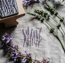 Our Sweet Little Lavender Stamp Used Here On Linen Fabric Stamping Rubber Stamp Projects Lavender Stamp