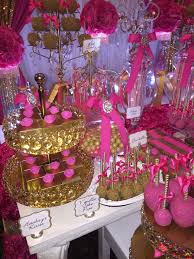 Shop party decorations at partyrama. Fuschia Pink And Gold Wedding Sweets Table With Chocolate Candy Apples Cake Pops And Assorted Sweets Table Wedding Sweet 16 Decorations Candy Buffet Wedding