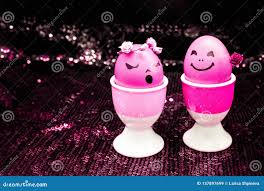Happy Easter Pink Eggs with Painted Drawn Cartoon Faces