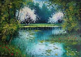 Water reflections are a little duller than the object they are reflecting, in this case the sky. Landscape Original Oil Painting White Trees Lake Water Lilies Impasto Red Poppies Textured Eu Artist