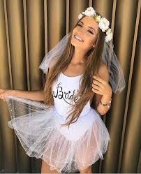 Bride Dressed Up In Bathing Suit Cute Bachelorette Party Ideas Bacheloretteparty Bachelorette Outfits Bridal Bachelorette Party Bachelorette Party Outfit