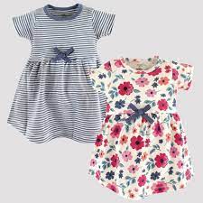 Touched By Nature Baby Girls 2pk Striped Floral Organic Cotton Dress Blue Pink 12 18m Target