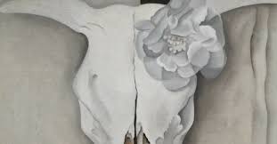 In the center of the background is a vertical black stripe. O Keeffe Inspired Art Lesson Cow S Skull With Calico Roses