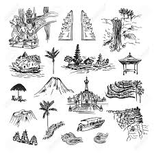 Drawing Sketch Elements Buildings And Places Of Bali Island Unique Cultural Collection With Temples Palm Objects And Nature Illust Ilustrasi Kertas Dinding