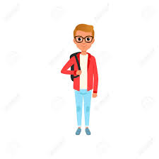 France belgique worldwide france allemagne italie portugal l'autriche espagne 🎈 s o l d e s : Personnage Enfant Dessin Anime En Veste Rouge T Shirt Blanc Et Jeans Garcon Aux Cheveux Bruns Dans Des Verres Avec Sac A Dos Sur Les Epaules Vetements D Adolescent Elegant Conception De Plat Vecteur