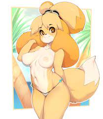 slugbox, isabelle (animal crossing), animal crossing, nintendo, absurdres,  highres, 1girl, bell, blush, body fur, bow, breasts, brown eyes, cleavage,  closed mouth, cowboy shot, dog girl, furry, furry female, large breasts,  long hair,