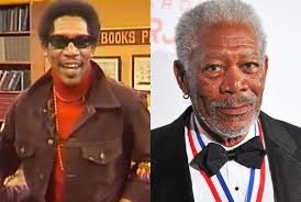 Morgan Freeman sporting an afro in the TV show The Electric Company ,1970s.  Freeman played Easy Reader