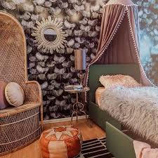 Beautiful Boho Bedroom With Dark Wallpaper Wicker Furniture Green Headboard And Bed And Pink Bed Canopy Bedr Green Headboard Boho Bedroom Boho Bedroom Decor