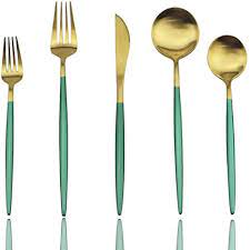 Check out our flatware green selection for the very best in unique or custom, handmade pieces from our flatware & silverware shops. Amazon Com Jashii Silverware Sets 5 Piece Green Flatware 18 10 Stainless Steel Heavy Weight Forged Cutlery Eating Utensils Forks Spoons Knives Set Tableware Service For 1 Matte Finished Green Gold Flatware Sets