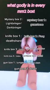 Jul 16, 2021 · feb 25, 2021 · today i will be telling you all which boxes contain certain mm2 godlys. Mm2players Hashtag Videos On Tiktok