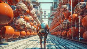 arafed robot walking through a large room filled with orange balls.  generative ai. 28409721 Stock Photo at Vecteezy