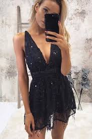 A Line Deep V Neck Short Black Homecoming Cocktail Dress With Sequins Mini Homecoming Dresses Homecoming Dresses Short Black Homecoming Dress