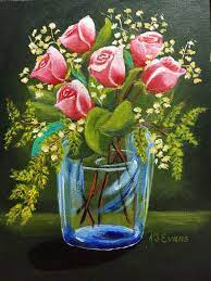 Pink Roses Ina Glass Vase By Kathy Evens Very Lovely Kathy Flower Painting Whimsical Art Floral Art