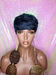 Wig Short Hair Cut Pixie Cut Peruvian Remy Human Hair Wig Midnight Blue  Hair Wigs