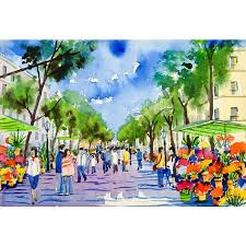 Vibrant Street Scene Watercolor Painting Street Scenes Watercolor City Watercolor Paintings