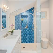 The shower wall tiles are the same, though their sizing is smaller. 75 Beautiful Transitional Blue Tile Bathroom Pictures Ideas January 2021 Houzz