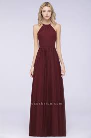A Line Chiffon Halter Sleeveless Floor Length Bridesmaid Dress With Ruffles Burgundy Bridesmaid Dresses Long Burgundy Bridesmaid Dresses Modest Bridesmaid Dresses