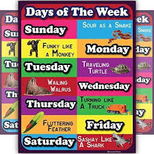 days of the week lamintated educational chart fun poster for kids and teachers with funny lines and animals