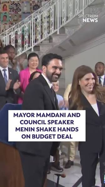Deal sealed. 🤝, Mayor Zohran Mamdani and City Council Speaker Julie Menin  shake hands after announcing a handshake agreement on New York City's  $125.8 billion Fiscal Year 2027 budget.