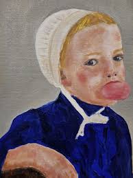 Amish Girl With Bubble Gum Original Oil Painting 9 X 12 Unframed