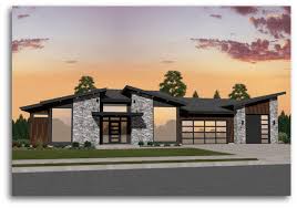 A couple of common characteristics are vaulted ceilings and clerestory windows on the roof. Mi 6 Modern House Plan One Story Modern House Plans With A Garage Modern Style House Plans Prairie Style Houses Architectural Design House Plans
