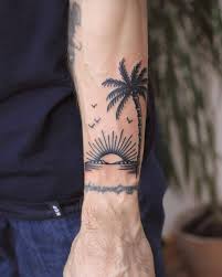 Very romantic looking colored ocean sunset with palm trees shoulder tattoo. Landscape With Palm Tree Dzieki Lukasz Landscape Palmtrees Palmtree Tropical Tropicallandscape Tattoo Blacktattoo Bla Palm Tattoos Sun Tattoos Tattoos