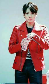 Pin By Btsmyeuphoria On Jeon Jungkook Leather Jacket Red Leather Jacket Fashion
