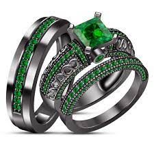 Green Sapphire Engagement Ring Wedding Band Trio Set Black Gold Fn 925 Silver Emerald Wedding Rings Green Sapphire Engagement Ring Black Wedding Rings