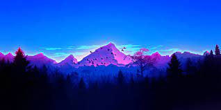 White and gray mountains surrounded with body of water during sunset digital wallpaper, sunset painting. Blue Minimalist Mountain Range 3500x1750 Wallpapers